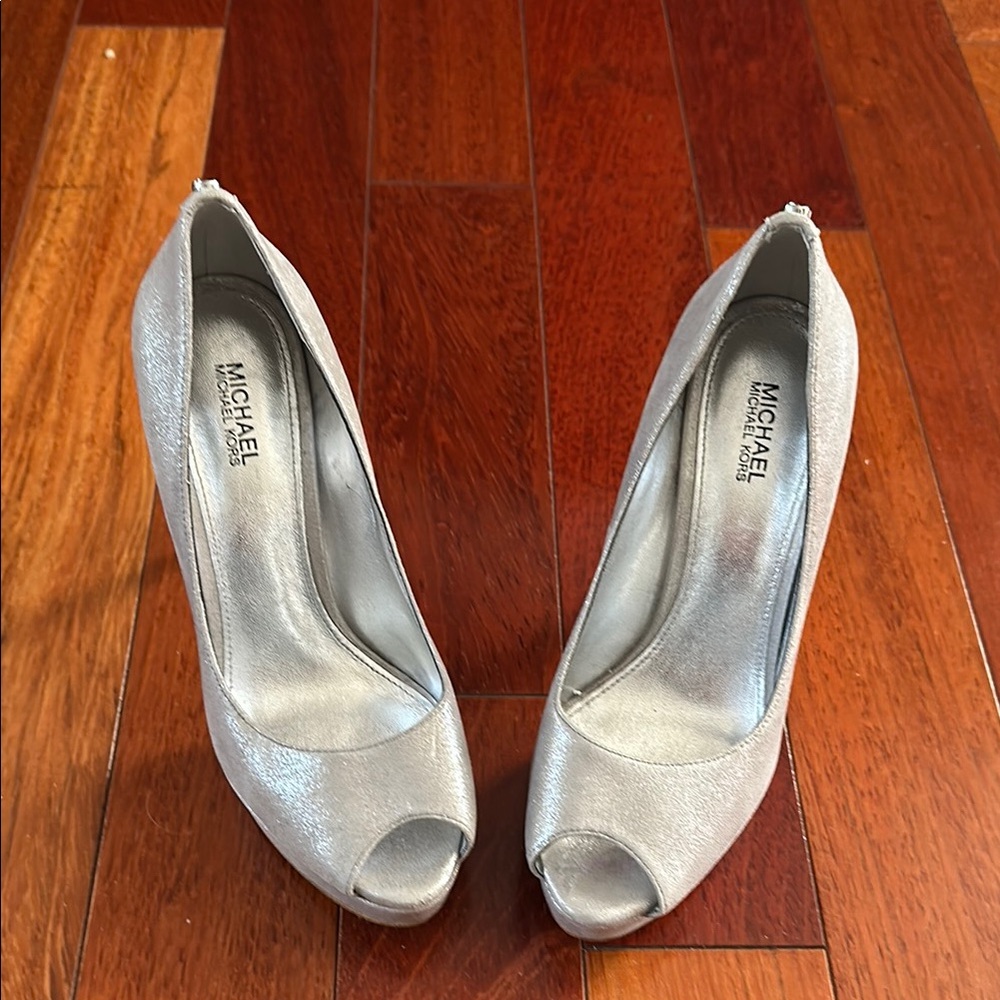 Michael Kors Silver Heels with Peep-Toe Design and Stiletto Style